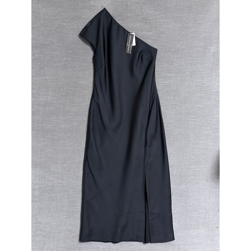 Banana Republic Dress XXS Black One Shoulder Silky Midi Slit LBD Cocktail Party